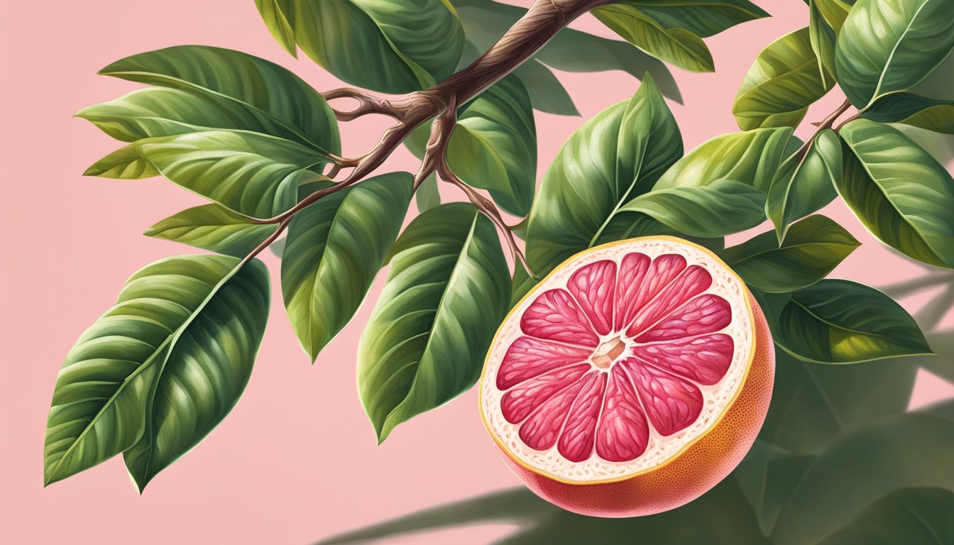 A star ruby grapefruit hangs from a branch, its vibrant pink skin glistening in the sunlight. The fruit feels heavy and firm to the touch, with a slight give when gently pressed