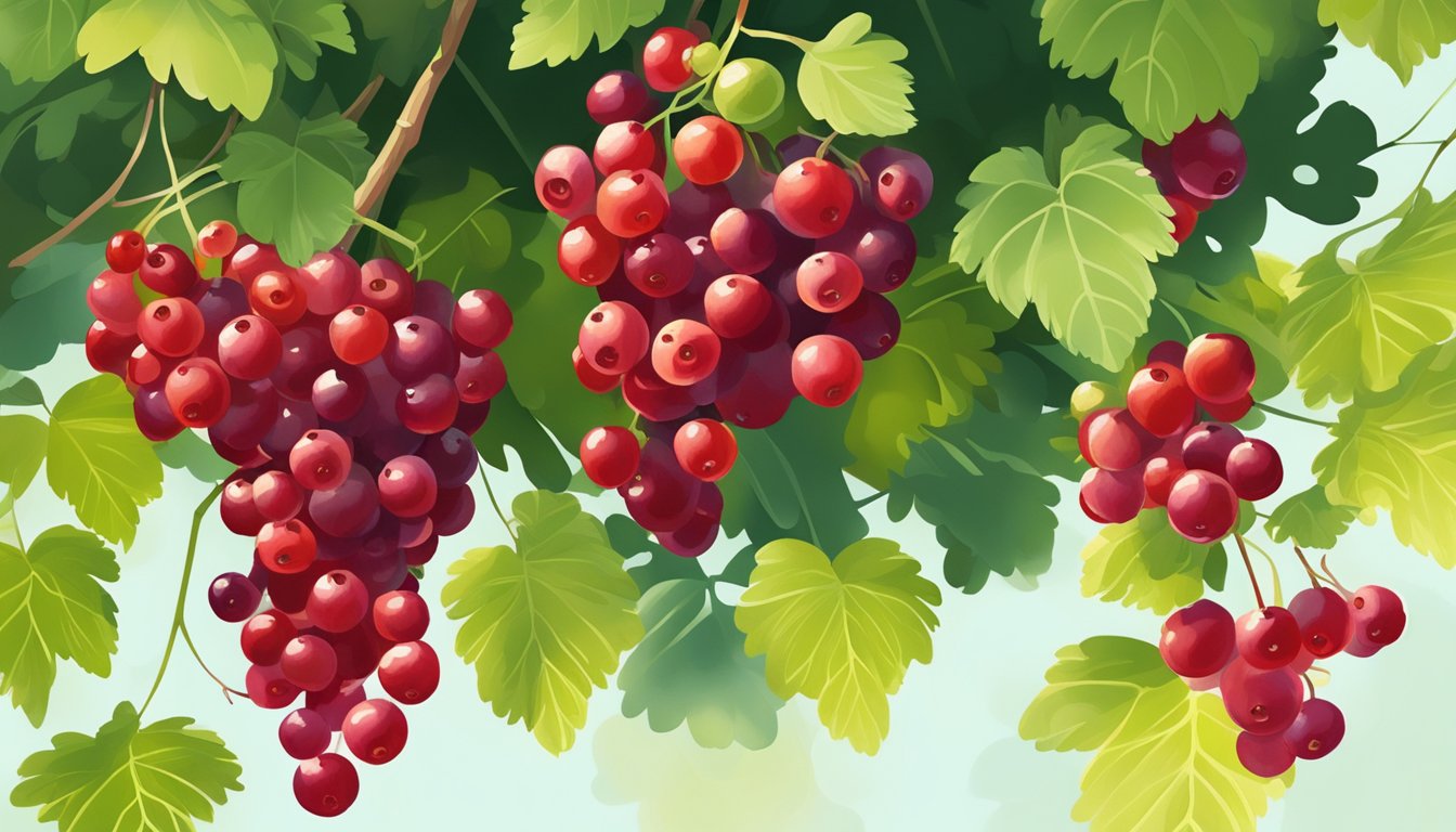 A cluster of deep red currants hanging from a bush, surrounded by vibrant green leaves and bathed in dappled sunlight