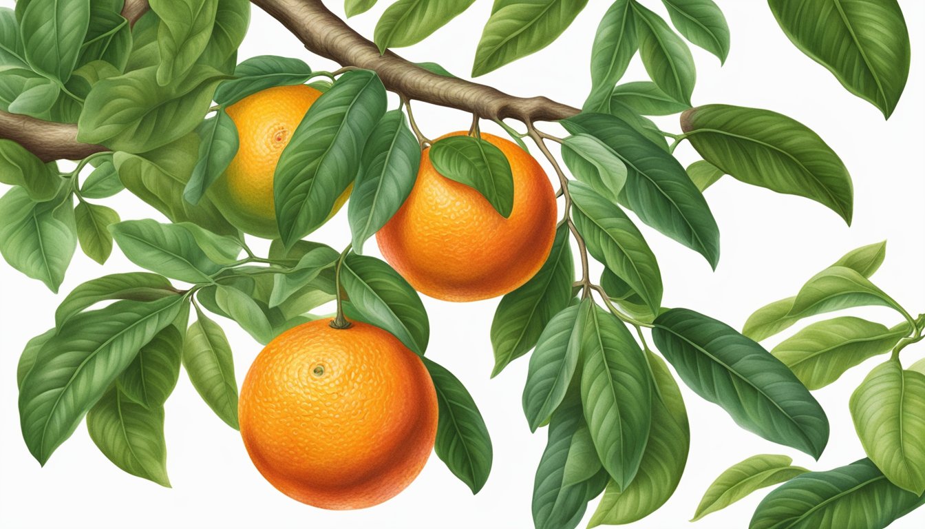 A ripe Cara Cara orange with vibrant pink flesh, surrounded by green leaves on a tree branch