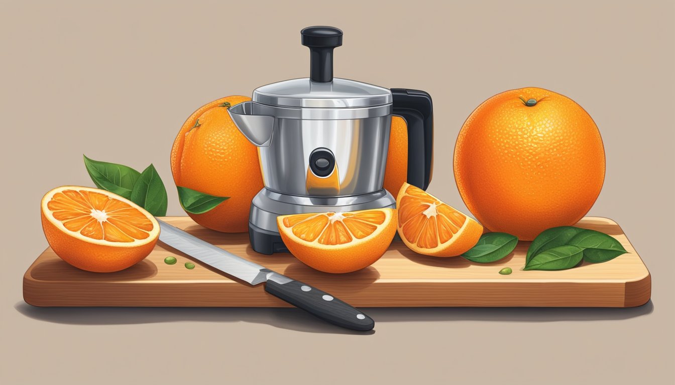 A ripe cara cara orange sits on a cutting board, surrounded by a knife, juicer, and measuring cup. The vibrant orange flesh glistens in the light