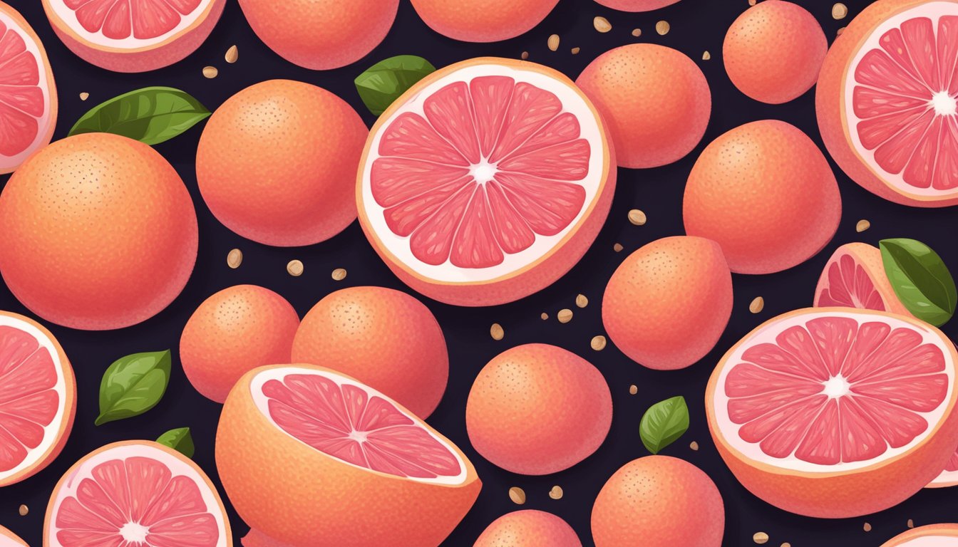 A ripe pink grapefruit sits on a wooden cutting board surrounded by scattered grapefruit seeds. The vibrant pink flesh is juicy and ready to be enjoyed