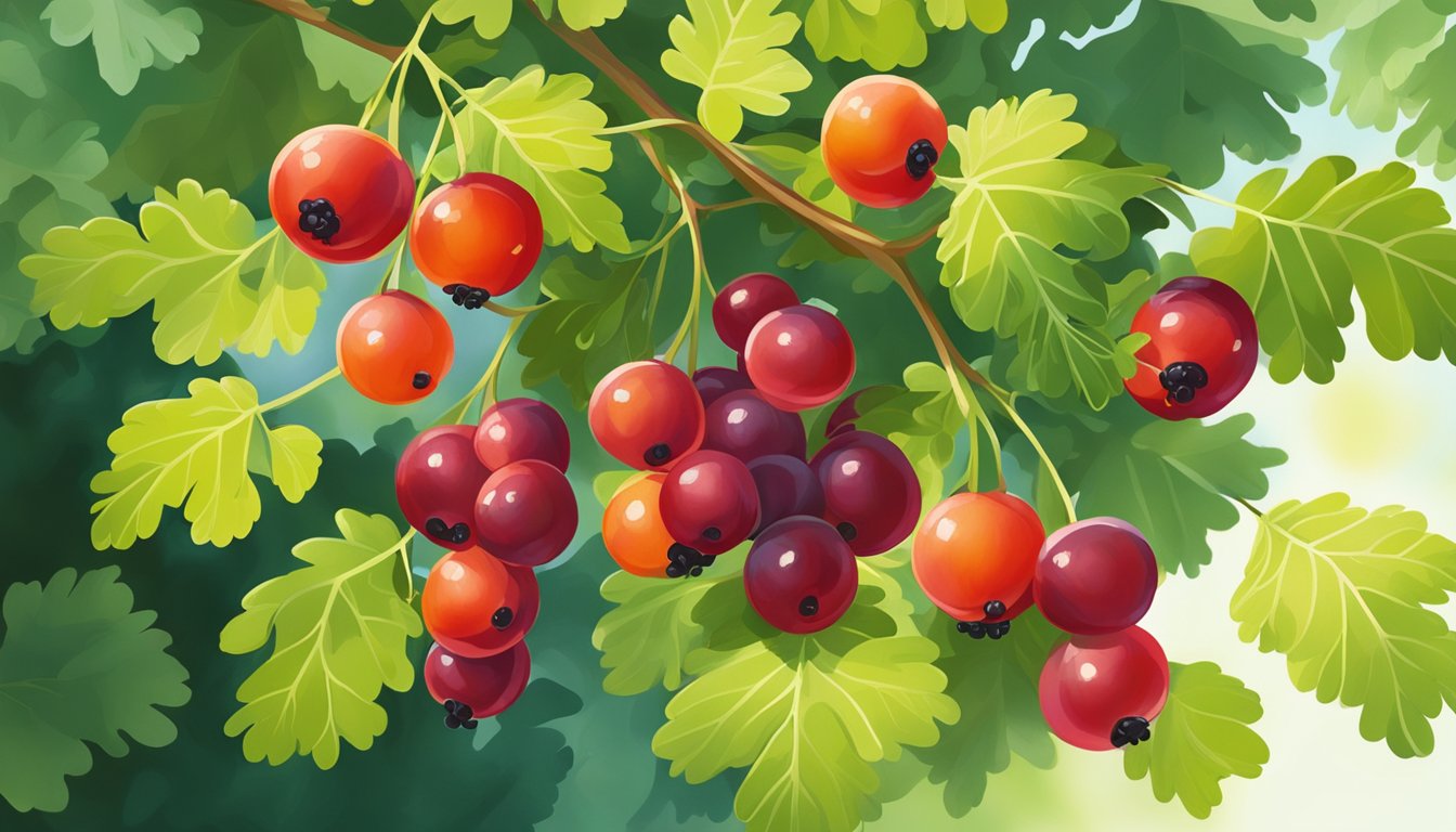 A cluster of ripe currants hanging from a vibrant green bush, surrounded by lush foliage and dappled sunlight