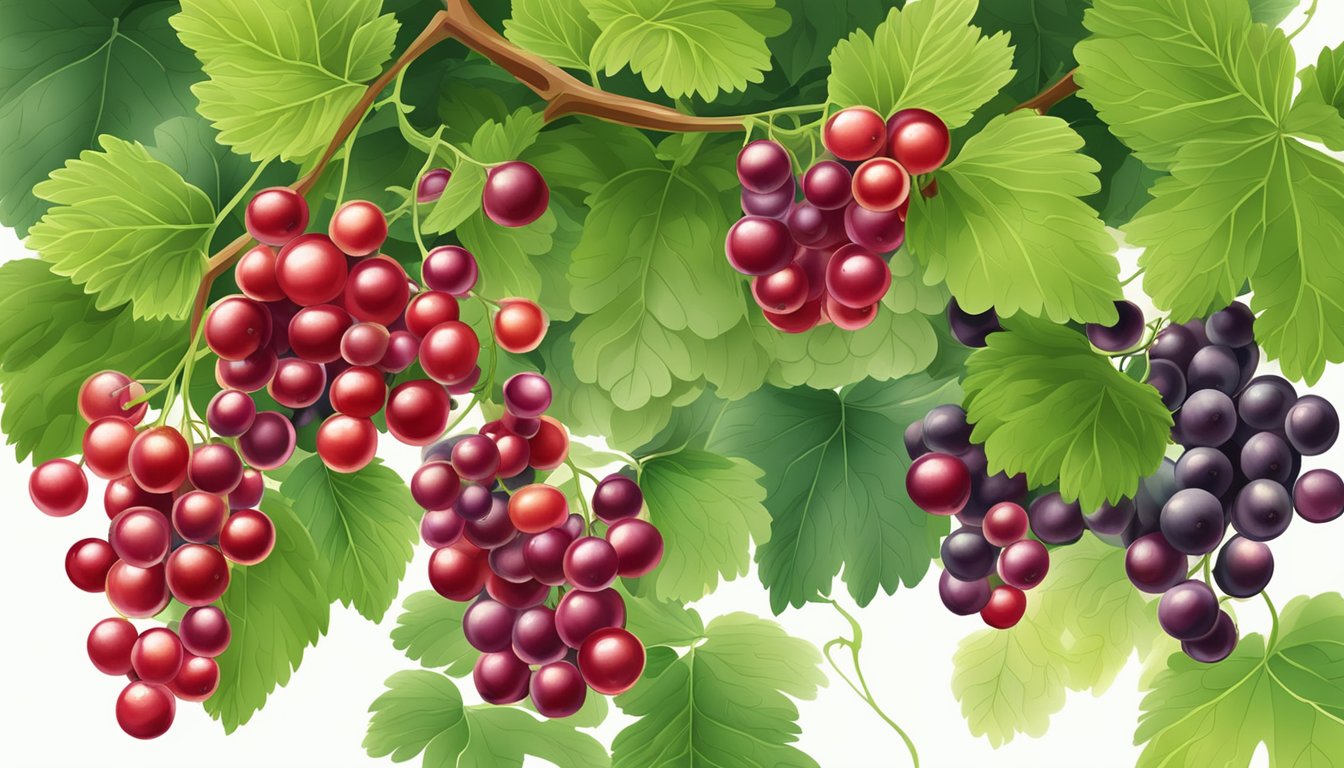 A close-up of ripe currants hanging from the bush, surrounded by green leaves and small clusters of unripe fruit