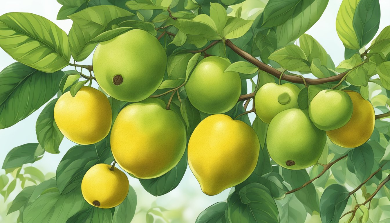 A cluster of sudachi fruit hanging from a tree, some green and unripe, others yellow and ready to be harvested