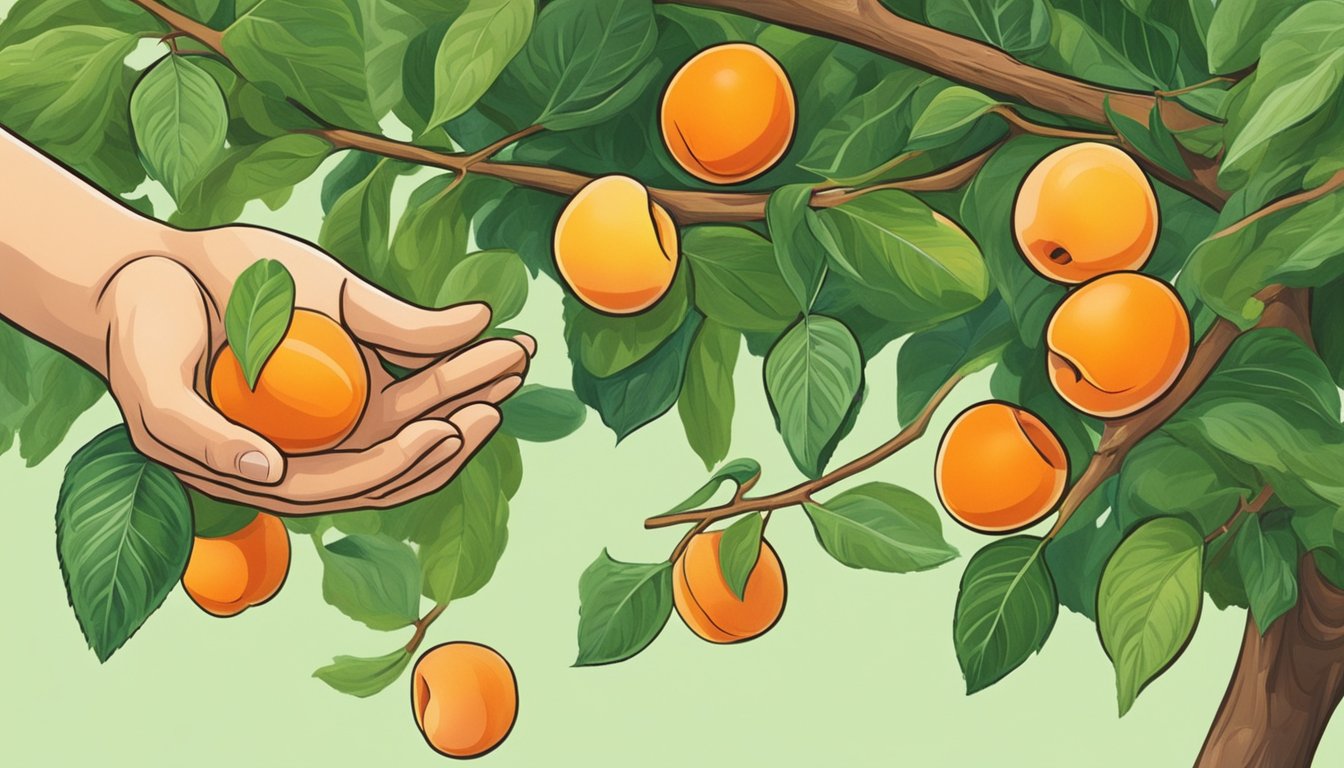 A hand picking up a ripe apricot from a tree, surrounded by vibrant green leaves and a few other ripe apricots hanging from the branches