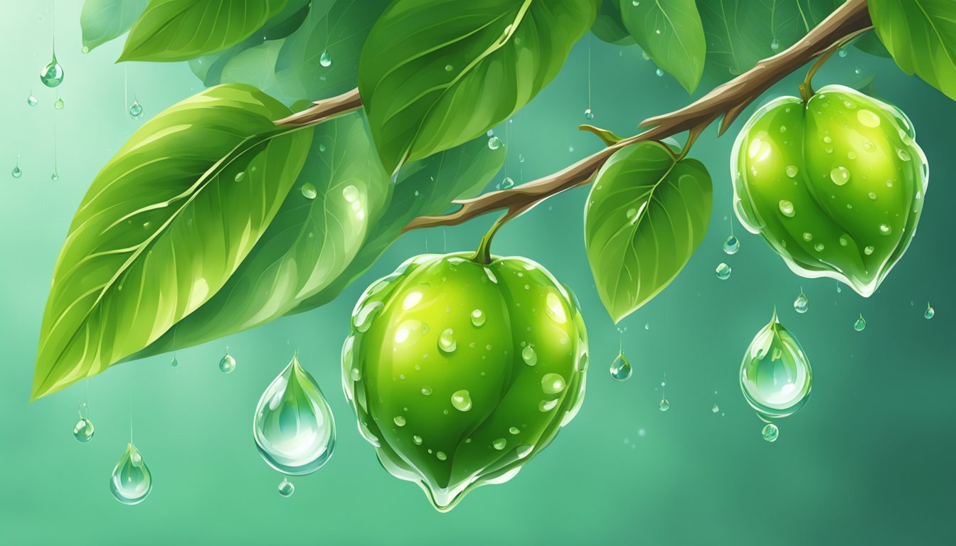 A vibrant green sudachi fruit hanging from a branch, surrounded by glossy leaves, with a few drops of water glistening on its smooth skin