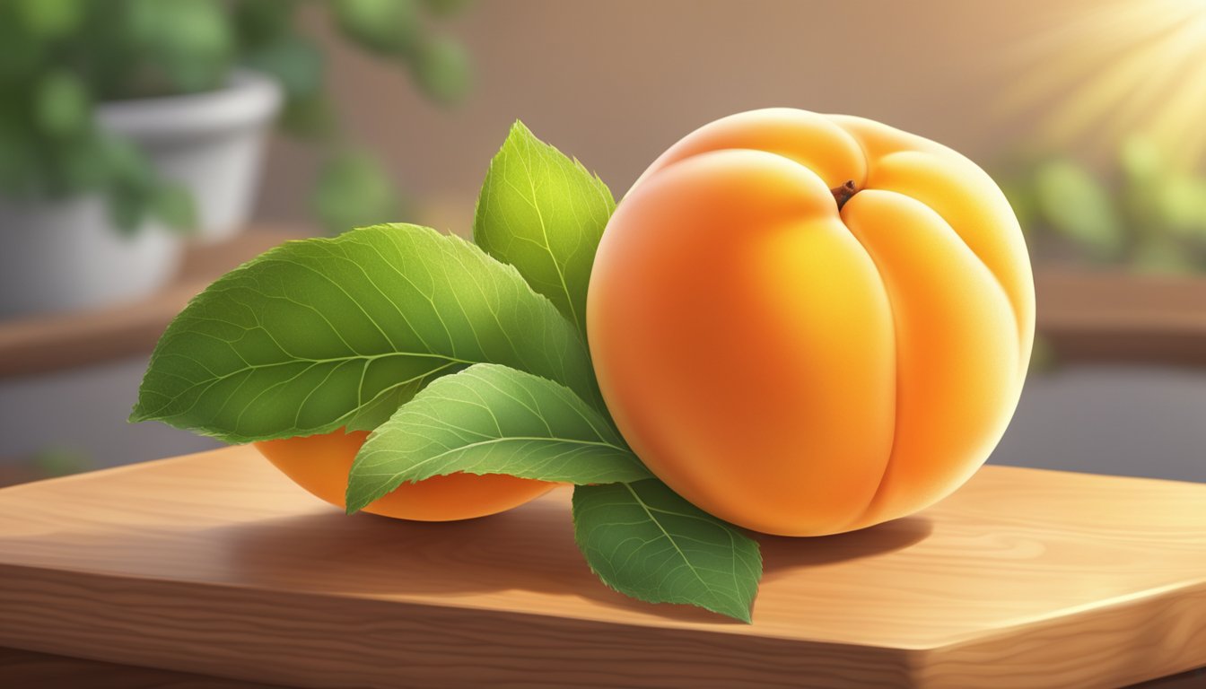 A ripe apricot sits on a wooden cutting board, its vibrant orange skin glistening in the sunlight. The fruit is plump and slightly soft to the touch, emitting a sweet aroma