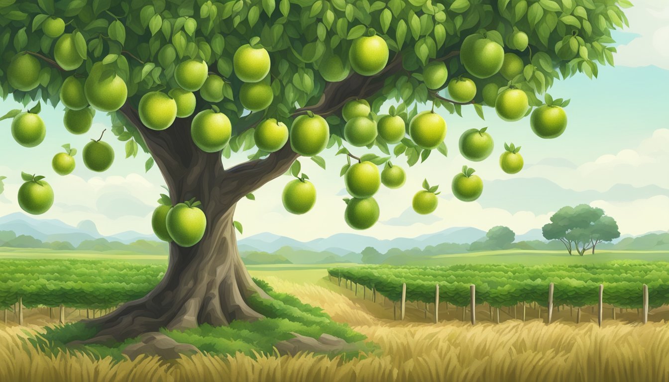 A lush sudachi tree with ripe green fruits hanging from the branches, surrounded by a field of harvested sudachi