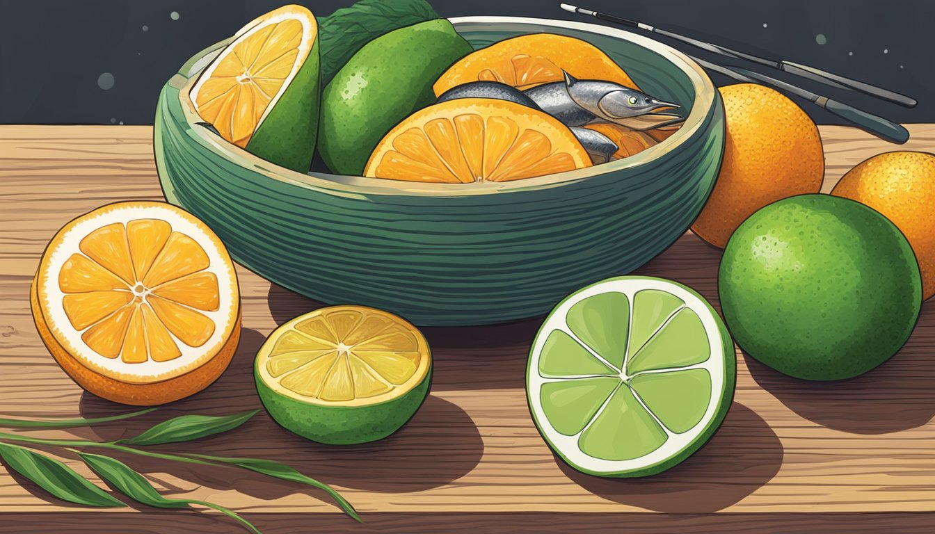 A ripe sudachi sits on a wooden cutting board next to a bowl of fresh seafood. The citrus fruit is vibrant green and slightly bumpy, emitting a strong, tangy aroma