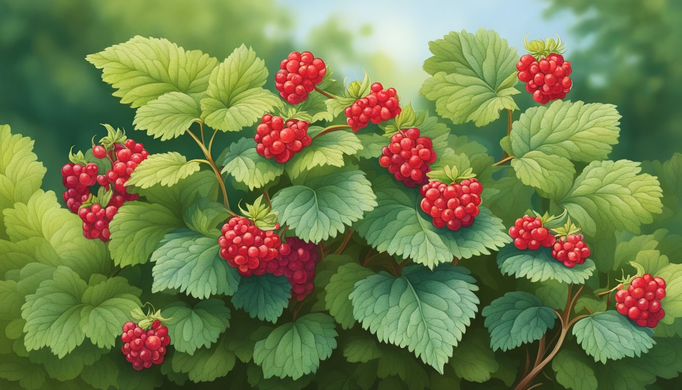 A thimbleberry bush with ripe berries in various shades of red, surrounded by lush green foliage and dappled sunlight