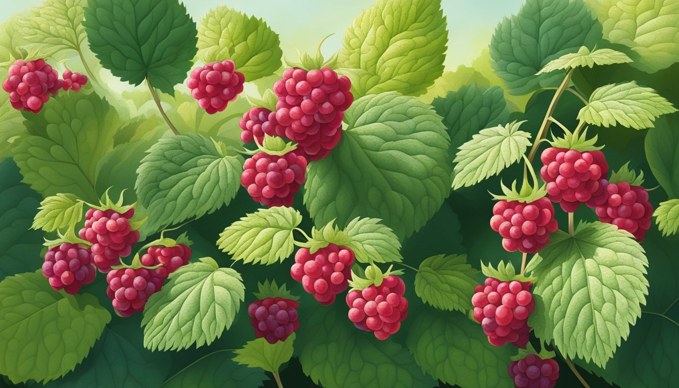 A cluster of thimbleberry bushes with ripe red berries, surrounded by lush green foliage and dappled sunlight filtering through the leaves