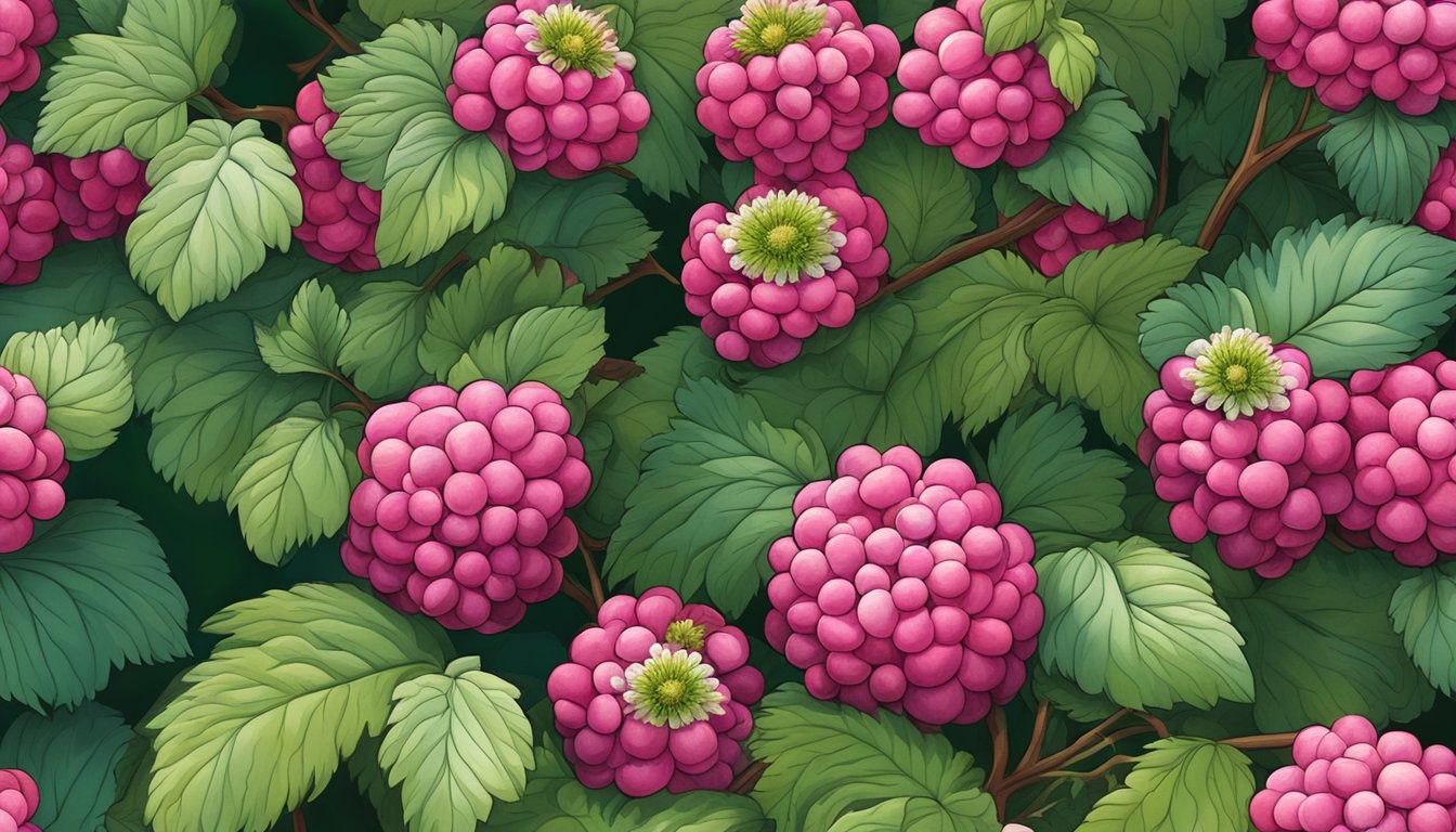 A cluster of ripe thimbleberries on a bush, with vibrant red and pink hues, surrounded by lush green leaves and small white flowers