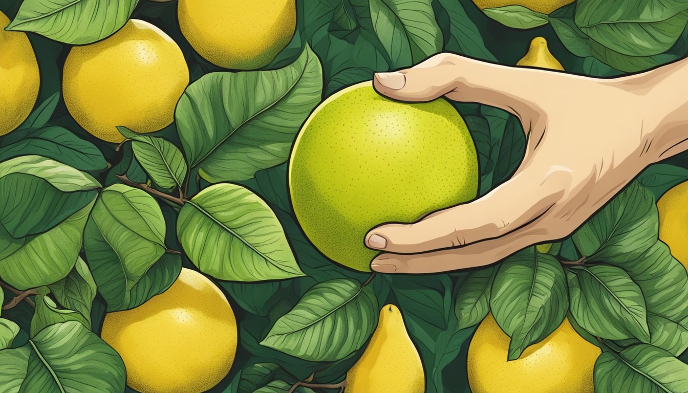 A hand reaching for a large, round pomelo with a vibrant yellow-green skin. The fruit is surrounded by leaves and appears ripe and ready to be picked