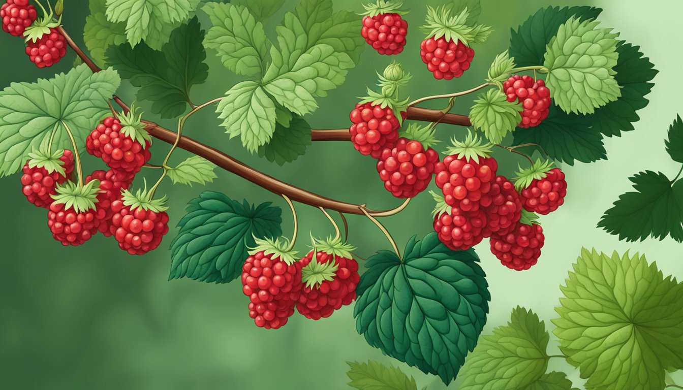 A close-up of thimbleberry bushes with ripe, deep red berries hanging from the branches, surrounded by lush green foliage