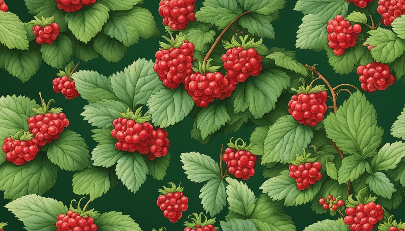 A thimbleberry bush with ripe red berries, surrounded by lush green foliage and a backdrop of a traditional cultural setting