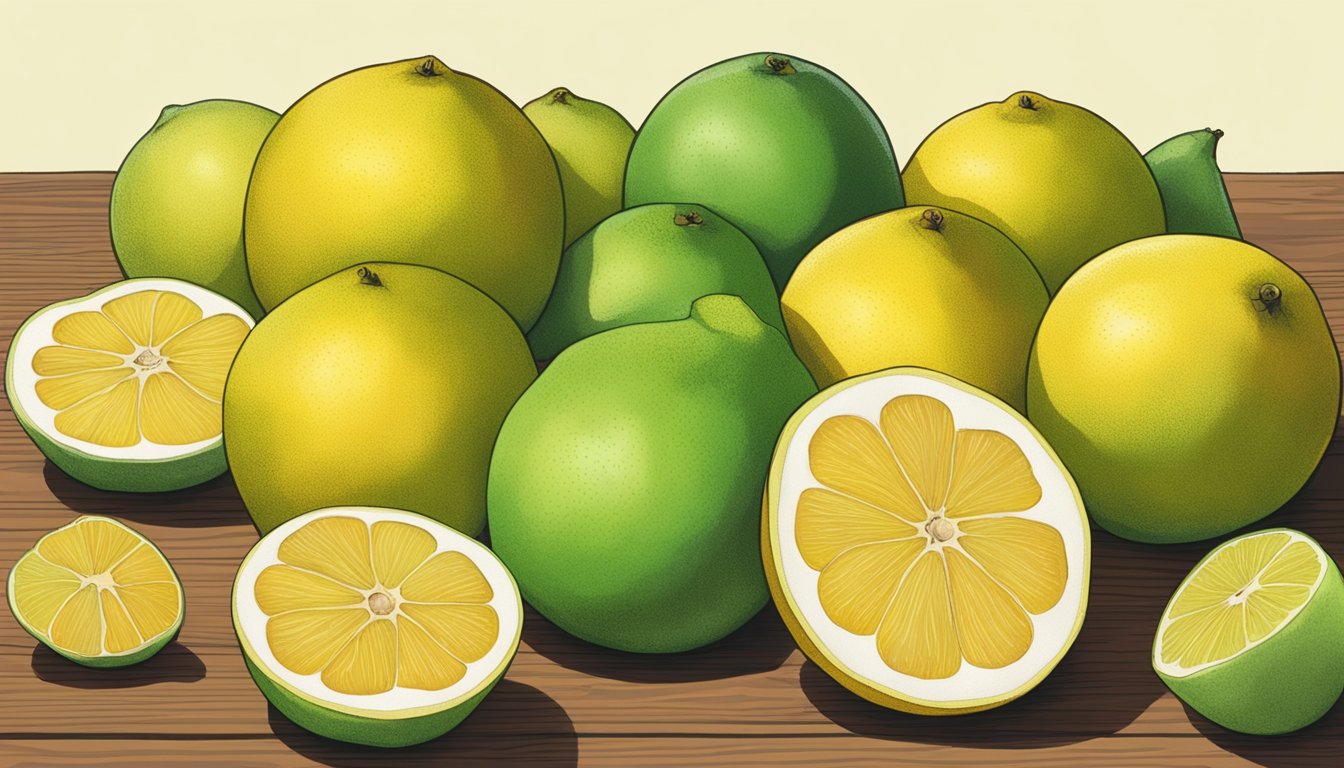 A pile of pomelos, some with yellow-green skin and others with a bright yellow hue, sit on a wooden table. A few of them have a slightly soft texture, indicating ripeness