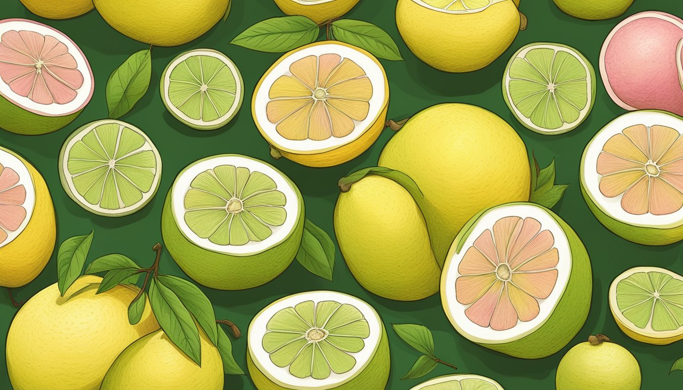 A pile of ripe pomelos, some with yellow-green skin, others with a pale yellow hue, sit on a wooden table. One pomelo has been cut open to reveal its juicy pink flesh