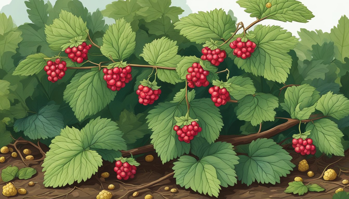 A thimbleberry bush with ripe berries hanging from the branches, surrounded by green leaves and a few fallen berries on the ground