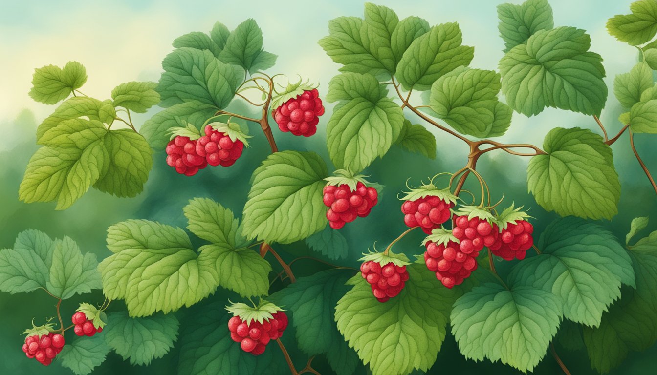 A cluster of thimbleberry bushes with ripe red berries hanging from the branches, surrounded by lush green foliage