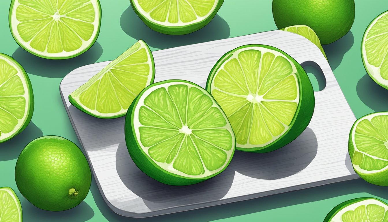 A cutting board with a ripe Persian lime sliced in half, revealing its juicy interior and vibrant green color