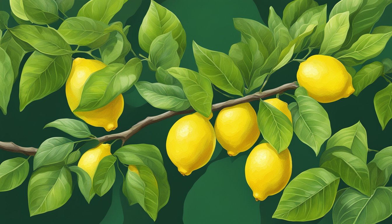 A branch heavy with bright yellow eureka lemons, some with a slight green tinge, against a backdrop of lush green leaves