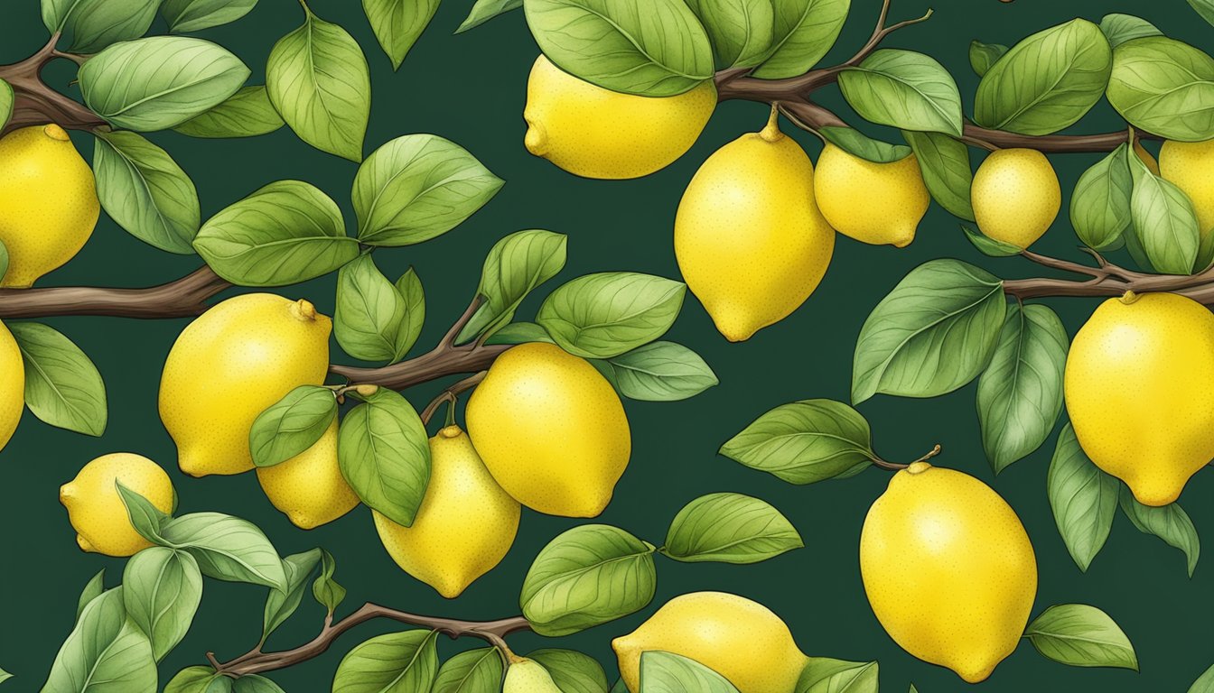 A branch with yellow eureka lemons, some with green spots