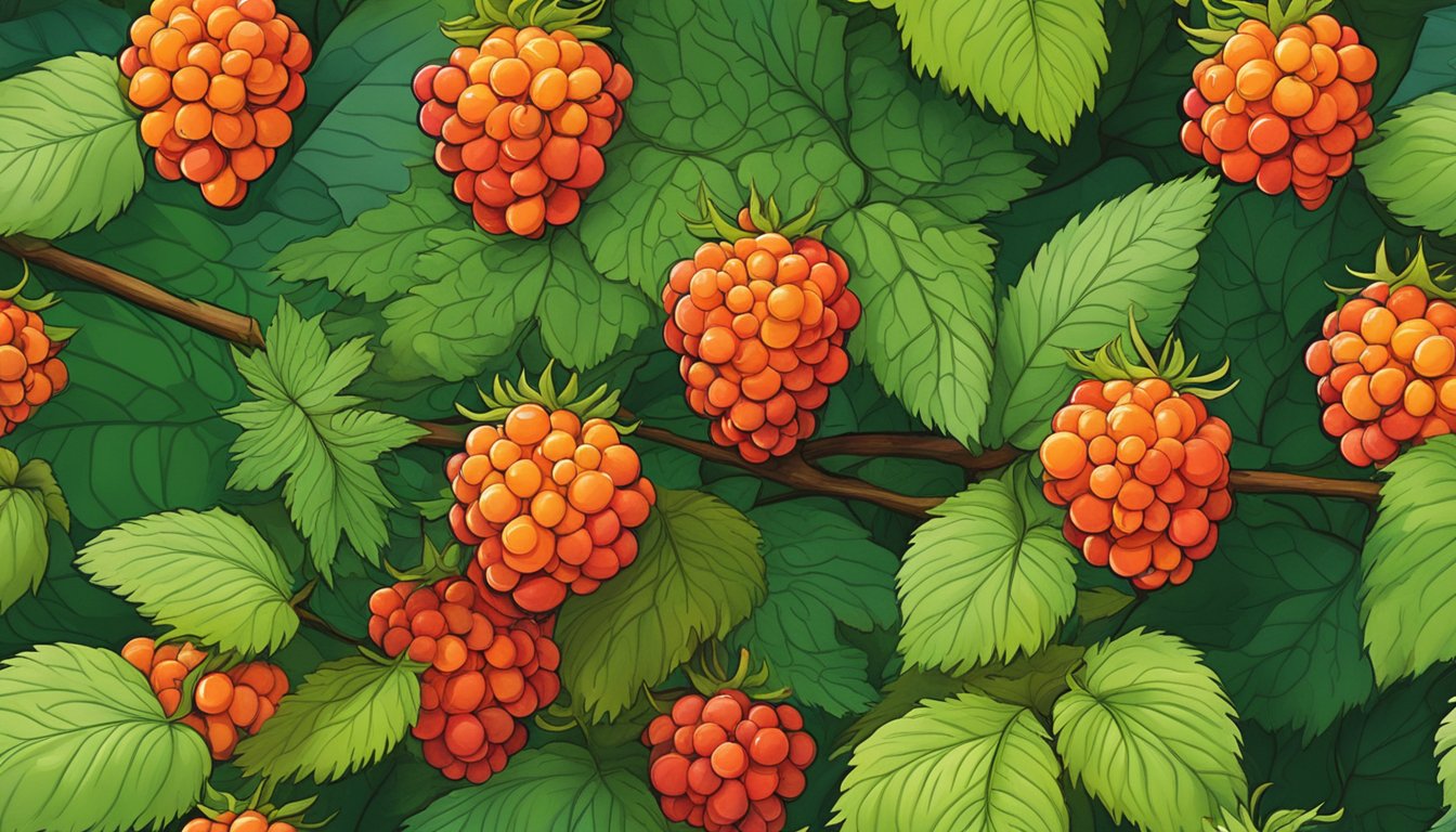 A cluster of ripe salmonberries dangling from the bush, with vibrant red and orange hues, surrounded by lush green foliage