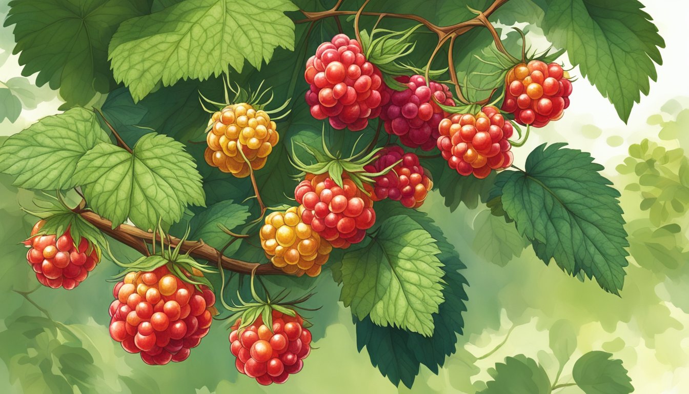 A cluster of ripe salmonberries hanging from a thorny bush, surrounded by lush green foliage and dappled sunlight