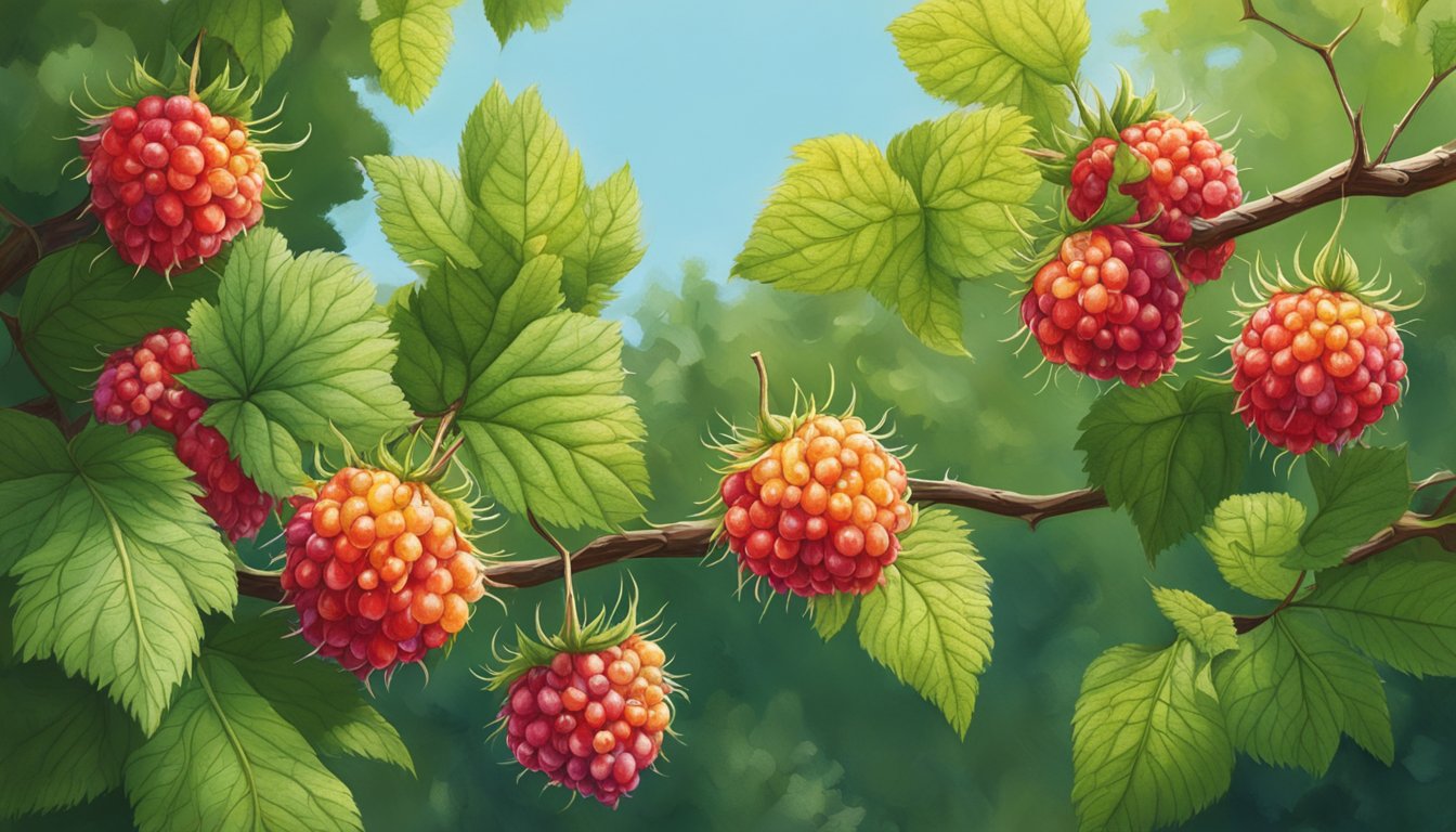 A cluster of ripe salmonberries hangs from a thorny bush, surrounded by lush green foliage and dappled sunlight