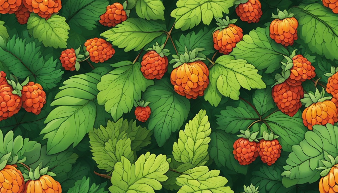 A lush forest floor with vibrant green leaves and clusters of ripe salmonberries in shades of red and orange