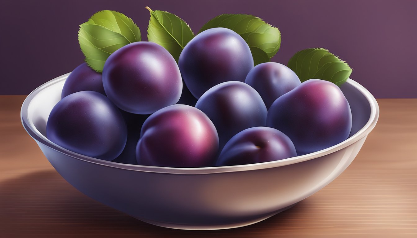 A bowl of plums sits on a kitchen counter. One plum is ripe, with deep purple skin and a slightly soft texture