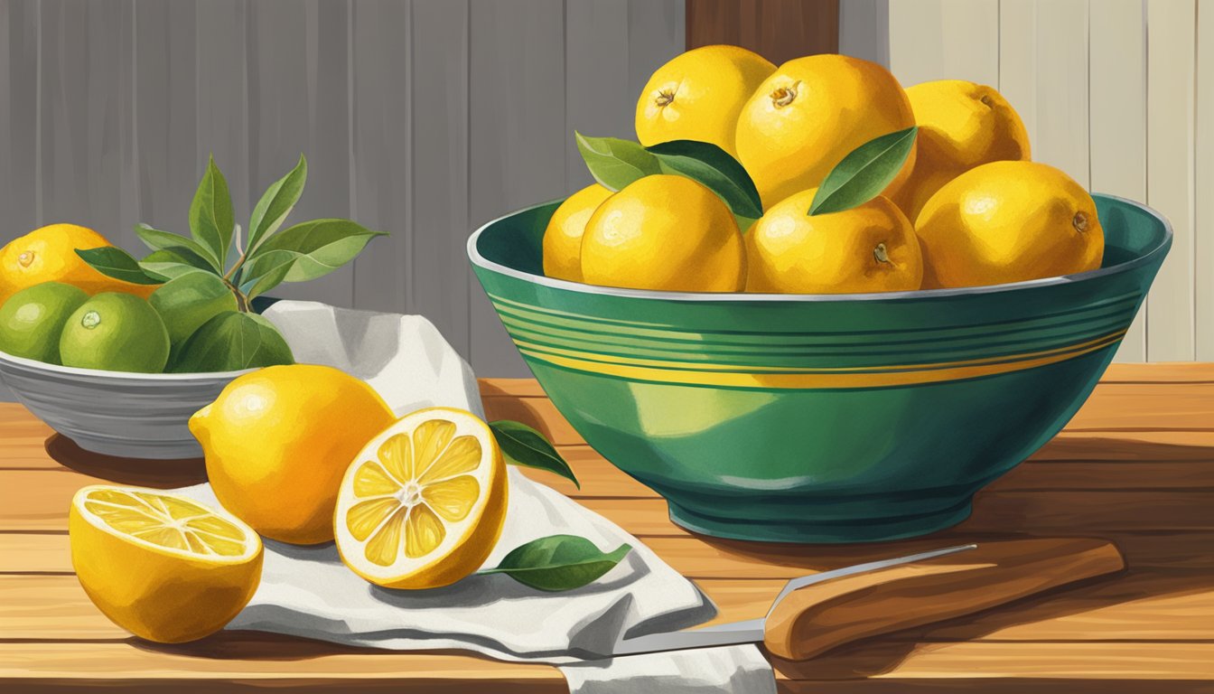 A bowl of Meyer lemons, some with a vibrant yellow-orange hue and others still green, sitting on a wooden kitchen counter next to a cutting board and knife