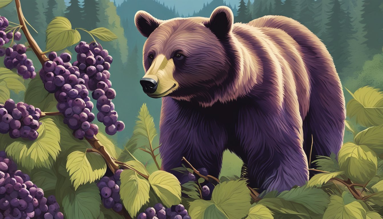 A bear sniffs at a cluster of deep purple huckleberries, plump and ready for harvest on a lush mountainside