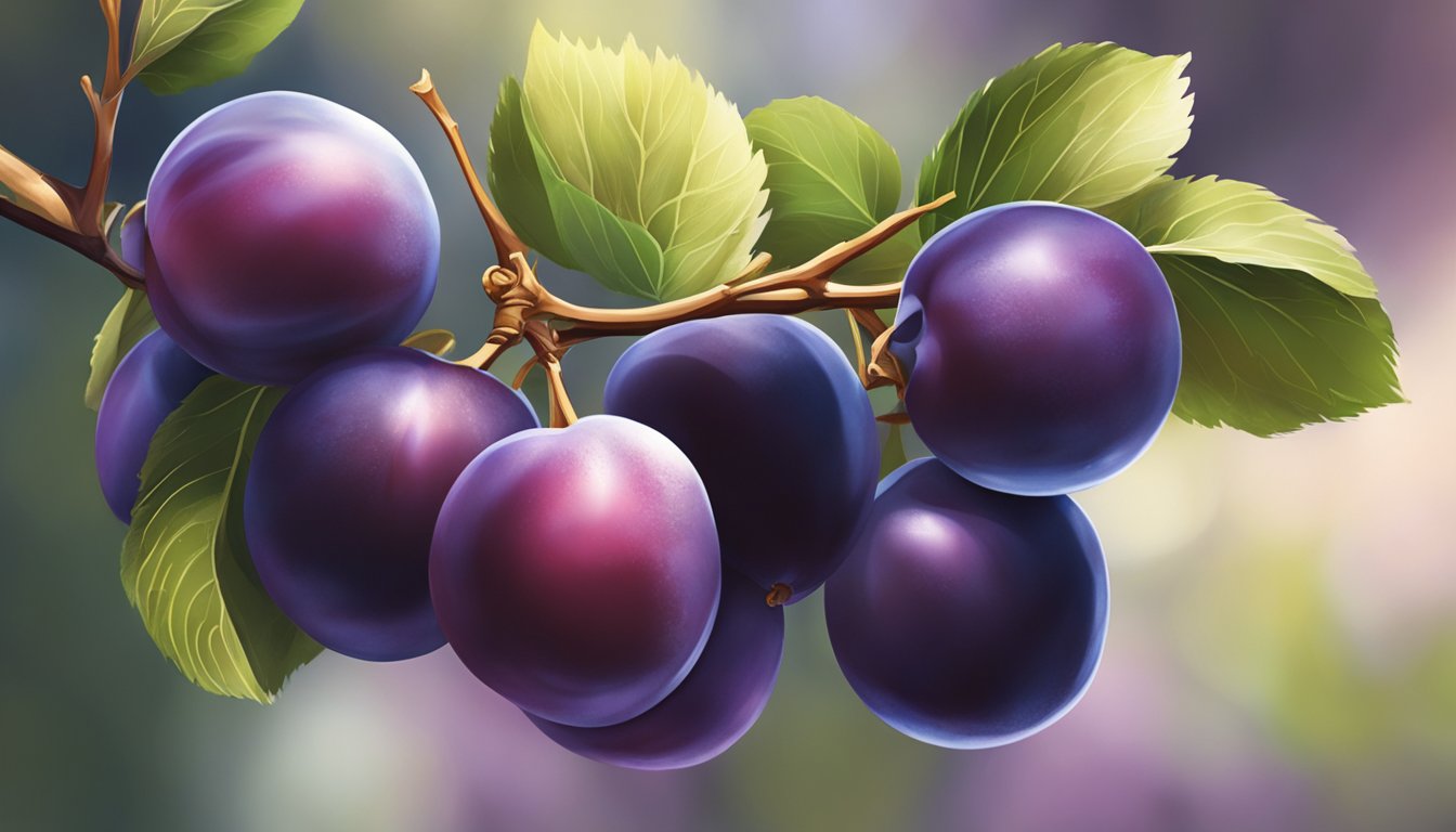 A cluster of plums on a leafy branch, some deep purple and others with a hint of red, glistening in the sunlight