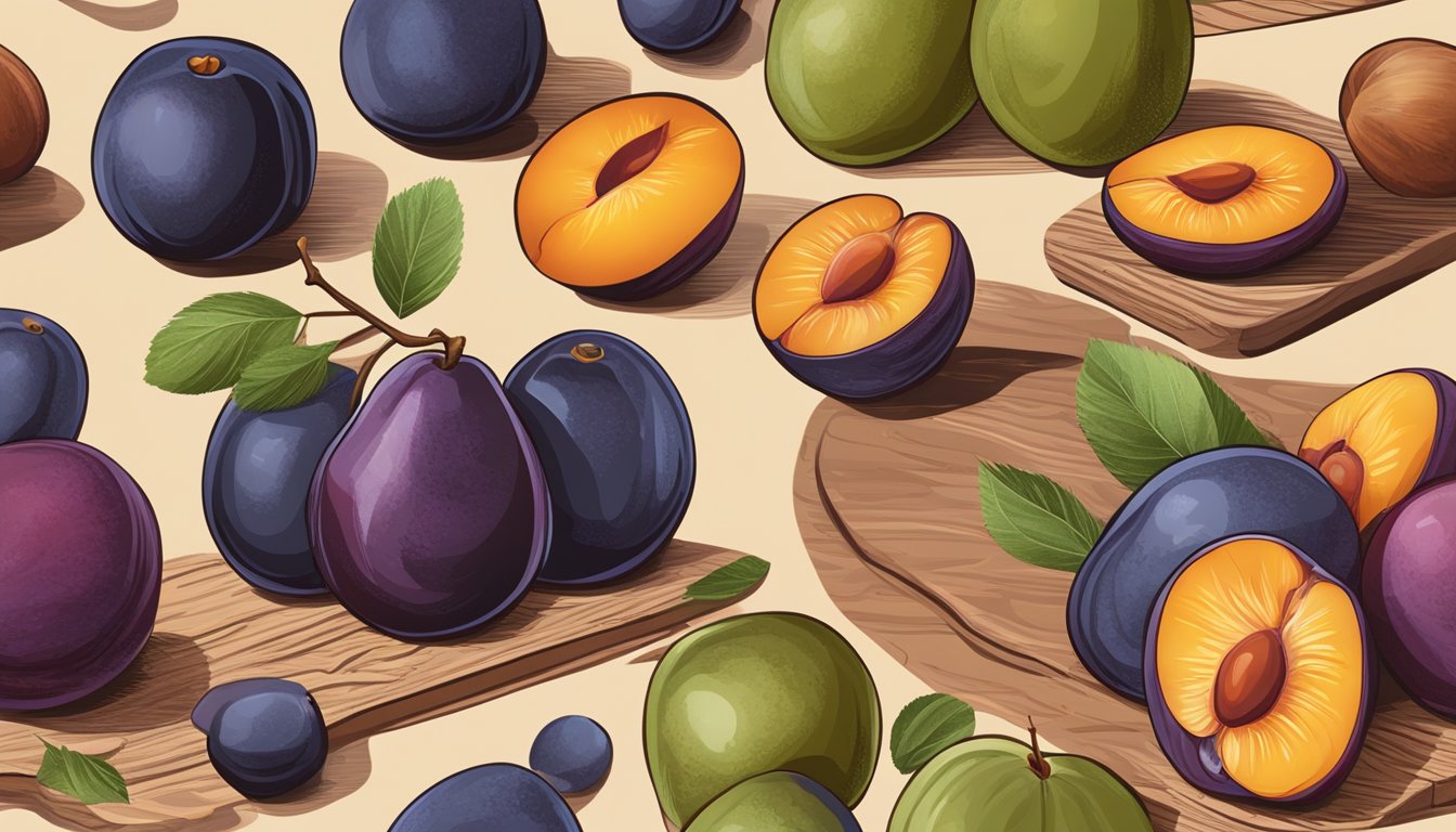 A variety of stone fruits, including plums, arranged on a wooden table. One plum is cut open to reveal its ripe, juicy flesh