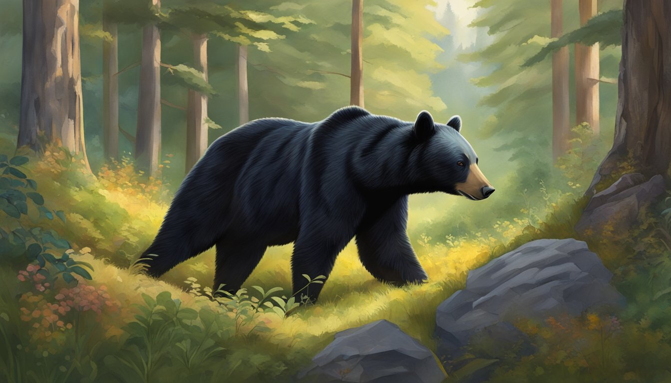 A black bear sniffs at a cluster of ripe huckleberries, while a deer grazes nearby in a lush forest clearing