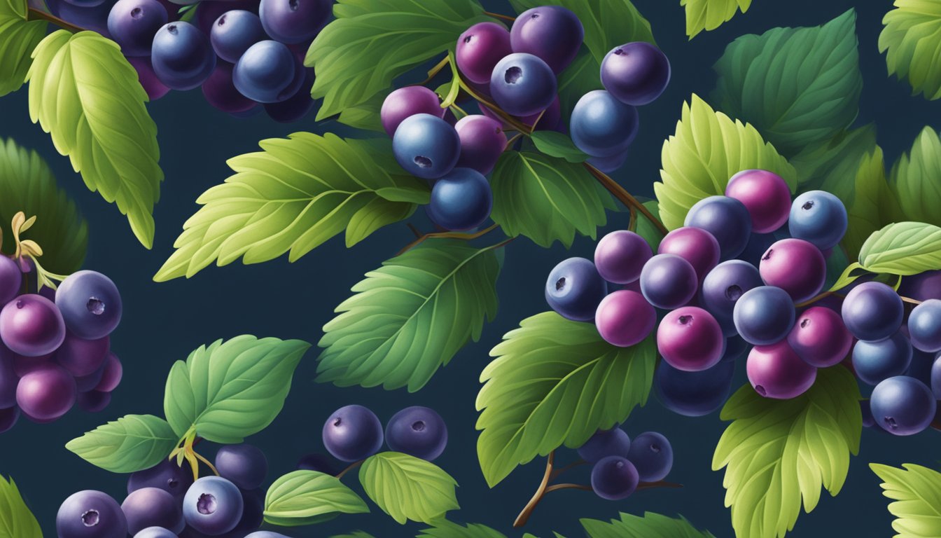 A close-up of huckleberry bushes with ripe, plump berries in various shades of deep purple and blue, surrounded by lush green leaves