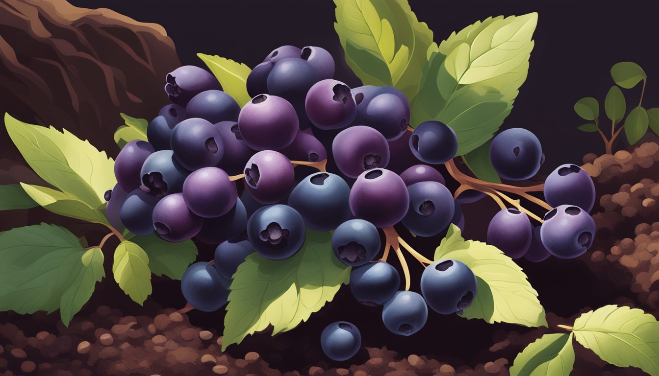 A cluster of huckleberry plants with ripe berries in varying shades of deep purple and red, surrounded by rich, dark soil and dappled sunlight