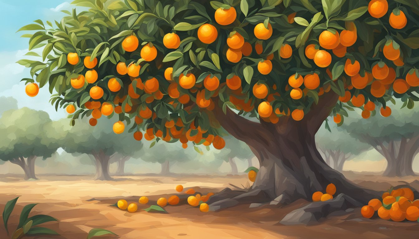 A kumquat tree with ripe, bright orange fruits hanging from the branches, some fallen on the ground