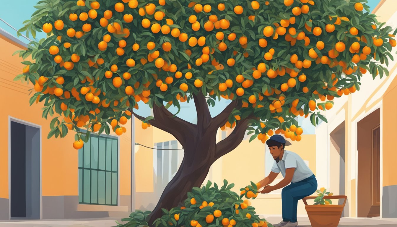 A kumquat tree with ripe fruit hanging from the branches, some fruit on the ground, and a person picking one to eat