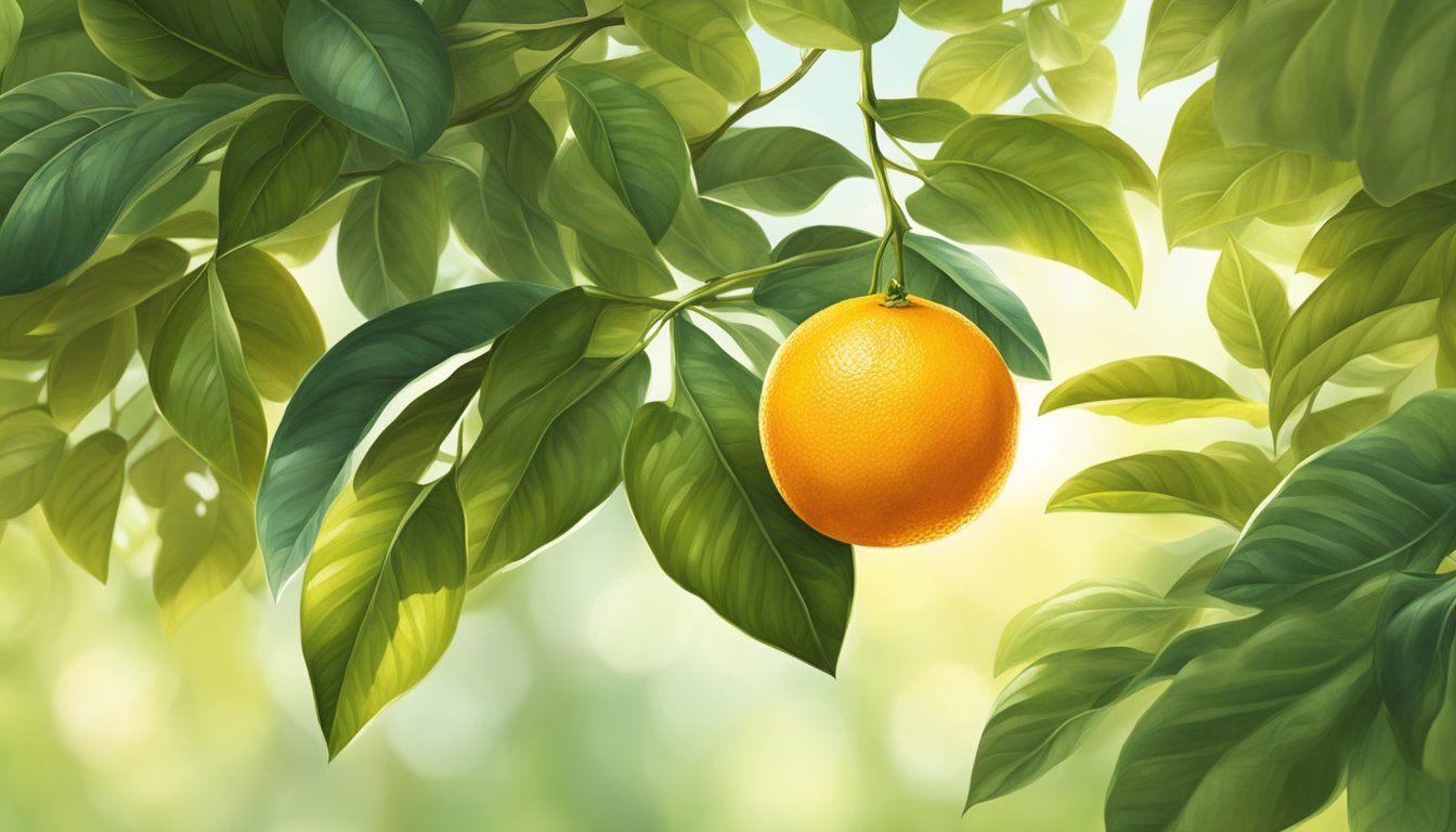 A ripe Valencia orange hanging from a branch, surrounded by lush green leaves and bathed in warm sunlight