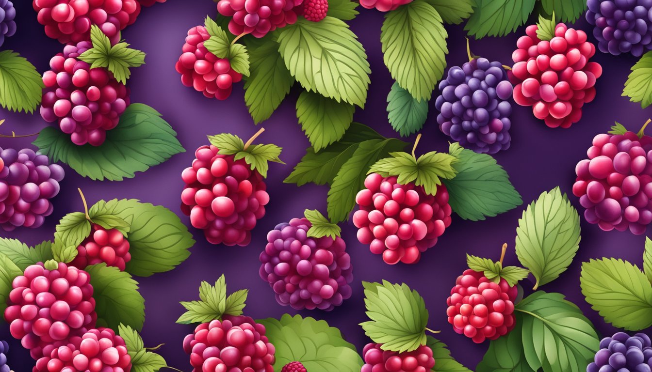 A cluster of tayberries in various shades of deep red and purple, with a few berries showing signs of softness and a glossy sheen