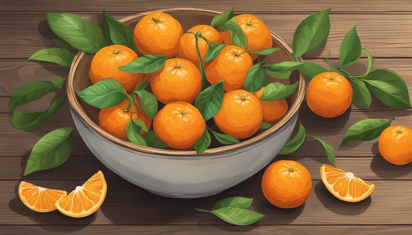 A bowl of tangerines, some with vibrant orange peels and a few with hints of green, sitting on a rustic wooden kitchen counter