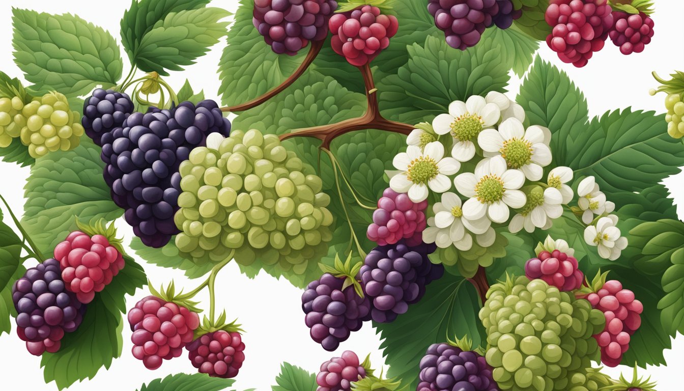 A cluster of tayberries hang from the vine, varying from deep red to dark purple, indicating ripeness. Green leaves and delicate white flowers surround the fruit