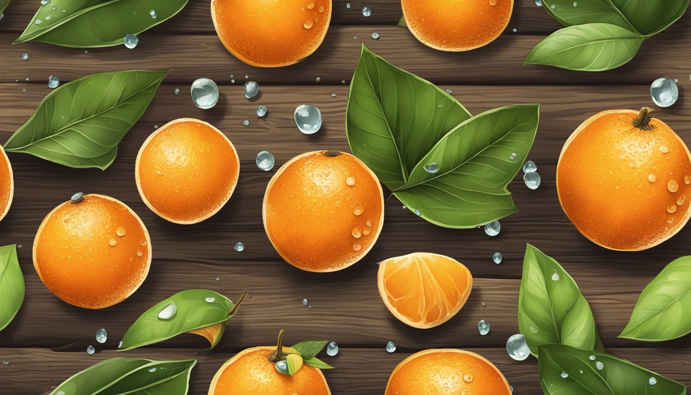 A vibrant tangerine sits on a rustic wooden surface, surrounded by scattered leaves and a few droplets of water, indicating freshness