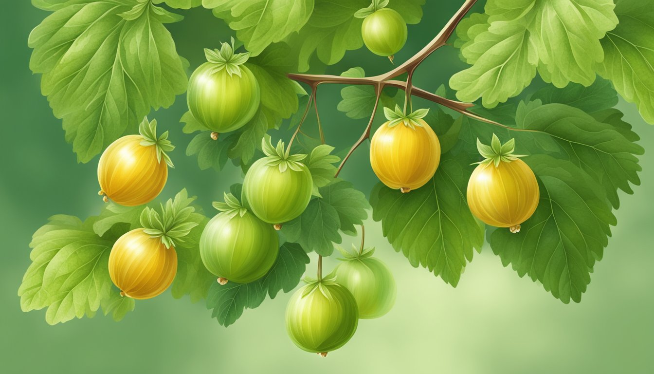 A close-up of ripe gooseberries hanging from a bush, surrounded by green leaves and a few unripe berries