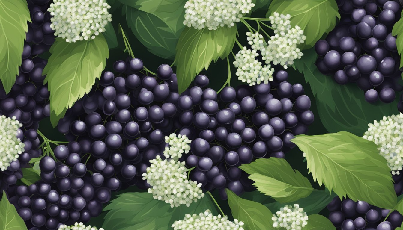 A cluster of ripe elderberries hangs from a bush, surrounded by green leaves and small white flowers. The berries are dark purple, plump, and glossy, ready for culinary use