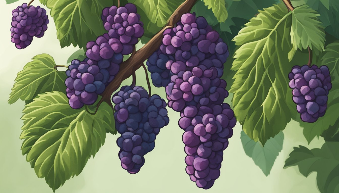 A cluster of deep purple mulberries hanging from a branch, surrounded by green leaves. Some berries are plump and soft to the touch, indicating ripeness