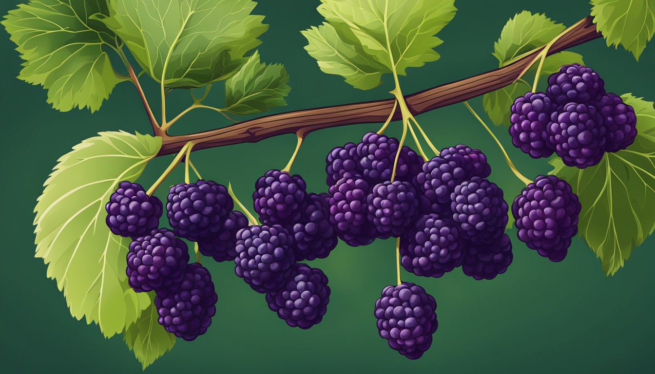 A cluster of ripe mulberries hangs from a branch, their deep purple color contrasting with the green leaves. Some fallen berries lie on the ground