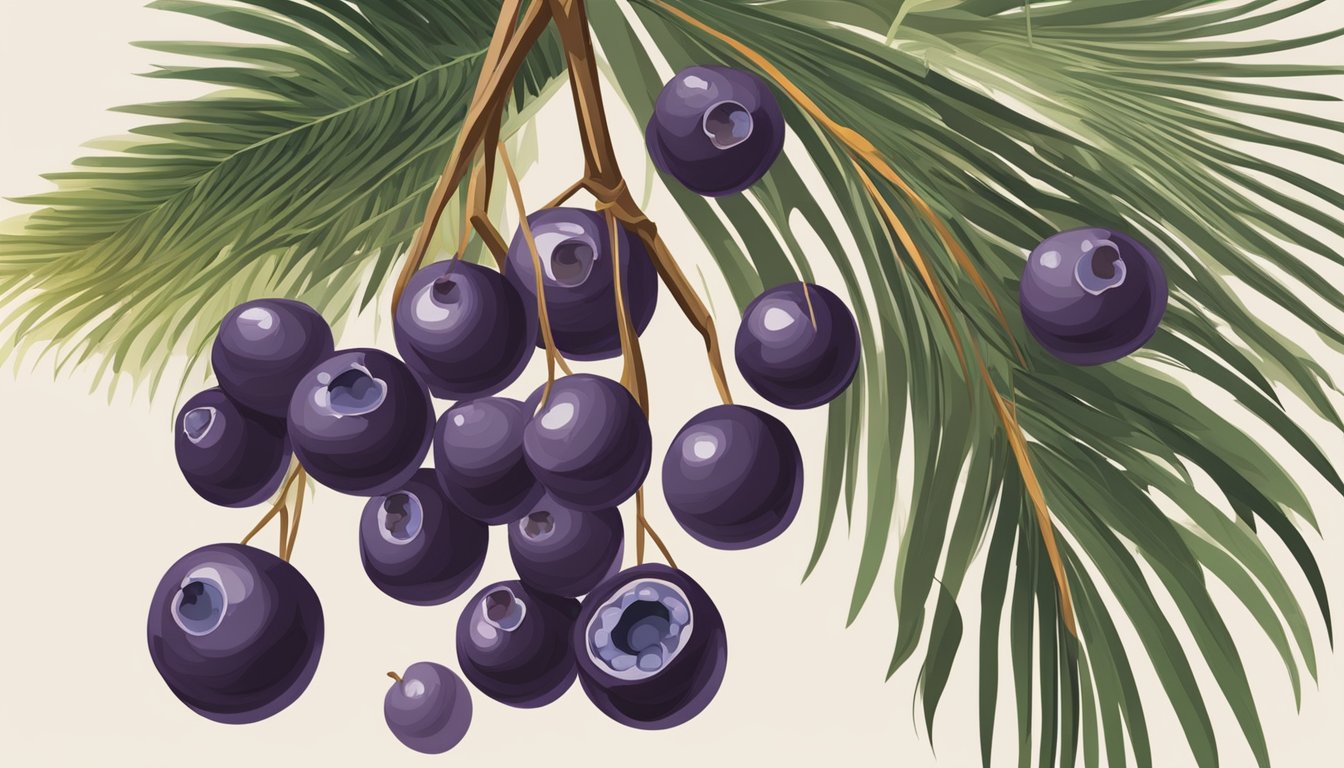 Acai berries hanging from a palm tree, deep purple in color and plump, with a few fallen berries on the ground